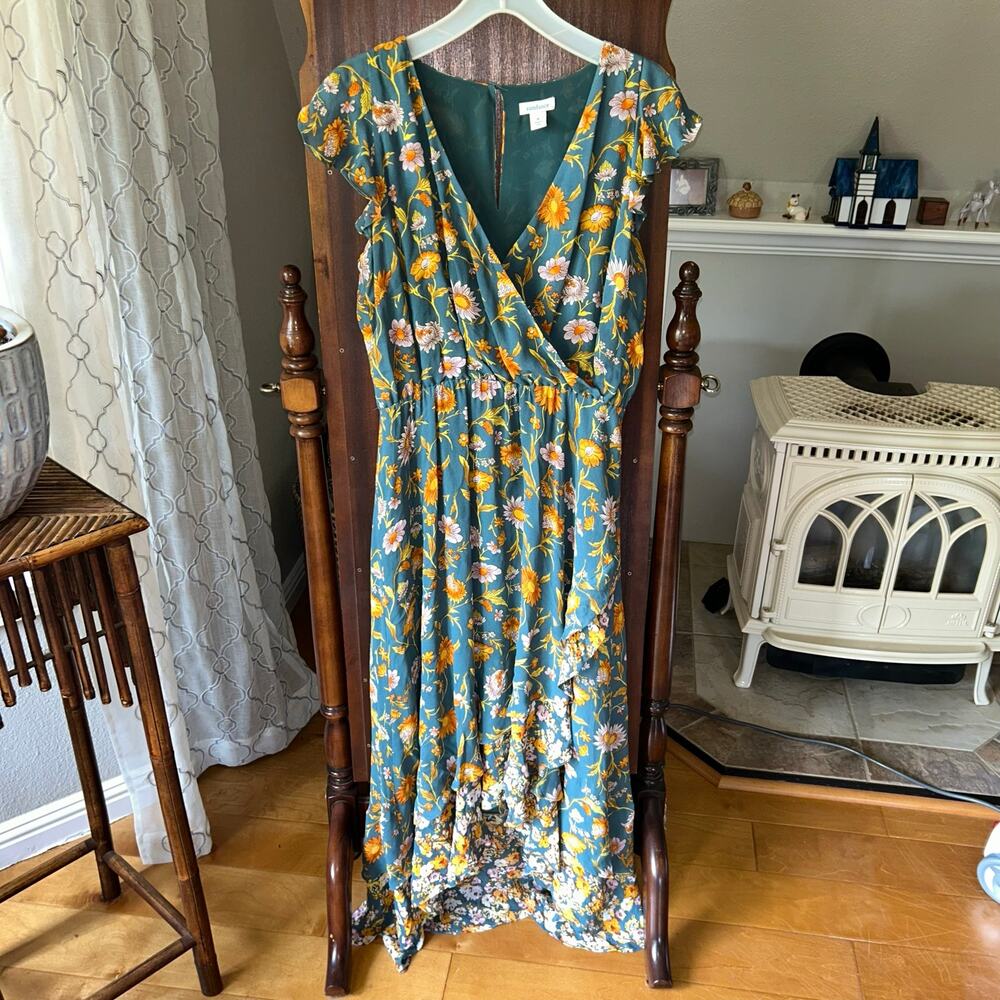 Sundance teal high-low floral maxi dress V-neck ruffled hem size medium
